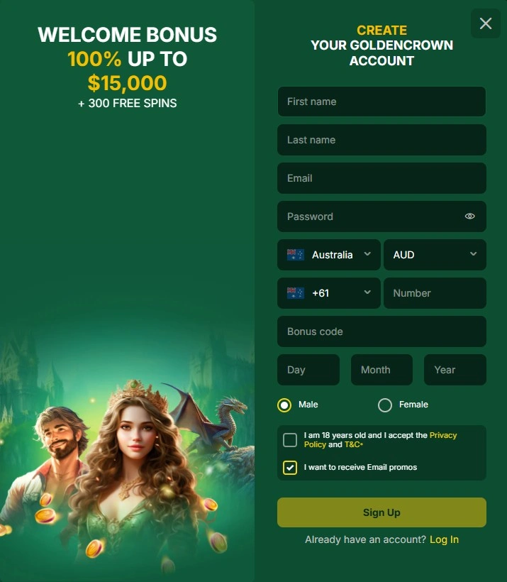 Golden Crown Casino login process image
